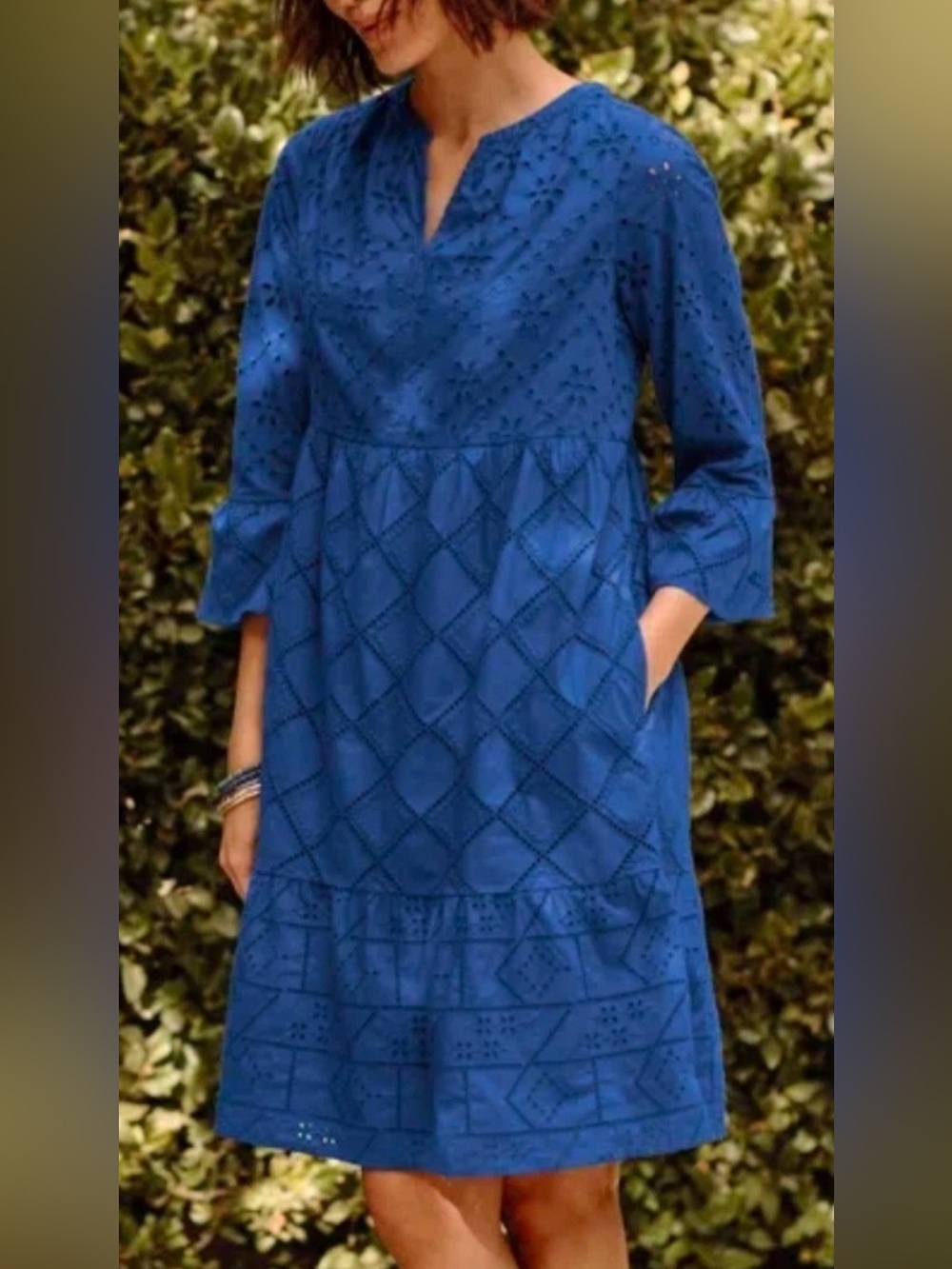 J Jill Blue Eyelet Tiered Dress Size S With Pockets 3/4 Sleeves Coastal Boho